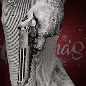 May include: A black and silver handgun held in a hand, with a red background with white snowflakes and the word "Christmas" written in cursive.