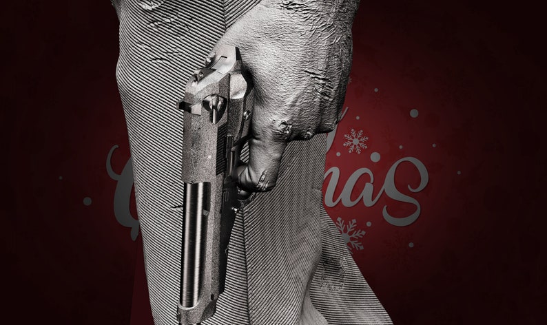 May include: A black and silver handgun held in a hand, with a red background with white snowflakes and the word "Christmas" written in cursive.