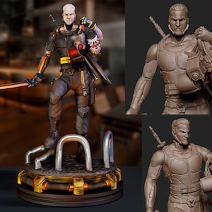 May include: A detailed action figure of a futuristic warrior holding a sword and a severed head. The figure is wearing a black and yellow armored suit and has a gray beard. The figure is standing on a metal base with a circular platform.