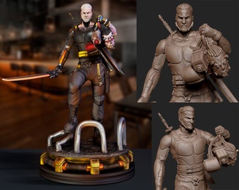 May include: A detailed action figure of a futuristic warrior holding a sword and a severed head. The figure is wearing a black and yellow armoured suit and has a grey beard. The figure is standing on a metal base with a circular platform.