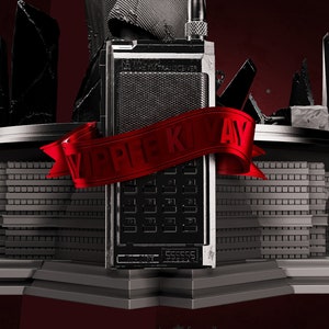 May include: A black and silver walkie talkie with a red ribbon that says "VIP KEY" on it. The walkie talkie is surrounded by a gray, futuristic-looking building.