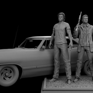 Puede incluir: Un modelo gris y blanco de dos figuras de pie junto a un coche cl&aacute;sico. Las figuras sostienen armas y una bolsa. El coche es un Chevrolet Impala de 1967.