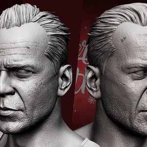 May include: A close-up of a 3D model of a man's face. The model is sculpted in a realistic style, with detailed wrinkles and lines on the forehead, cheeks, and around the eyes. The man has short, dark hair and a serious expression.