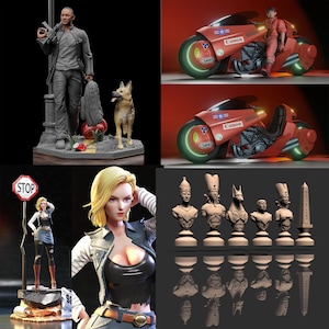 Op de afbeelding: Een verzameling gedetailleerde beeldjes en sculpturen. Bevat een figuur met een hond, een futuristische motorfiets, een vrouwenfiguur en schaakstukken die Egyptische farao's en goden uitbeelden.