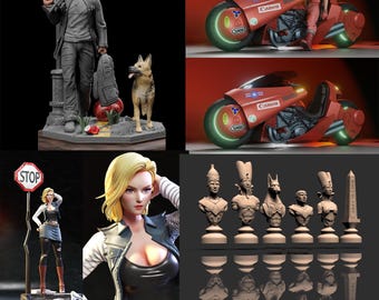 May include: A collection of detailed figurines and sculptures. Includes a figure with a dog, a futuristic motorcycle, a female figure, and chess pieces depicting Egyptian pharaohs and deities.