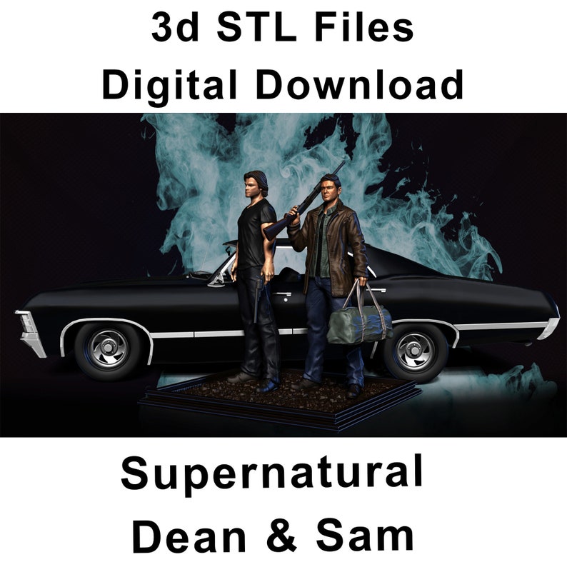 Puede incluir: Archivos STL imprimibles en 3D para una descarga digital de Dean y Sam Winchester de la serie de televisi&oacute;n Supernatural. Las figuras est&aacute;n de pie junto a un coche negro con humo en el fondo.