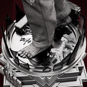 May include: A black and white image of a person's foot stepping on a broken glass platform. The platform is surrounded by a silver metal frame. The background is a dark red.