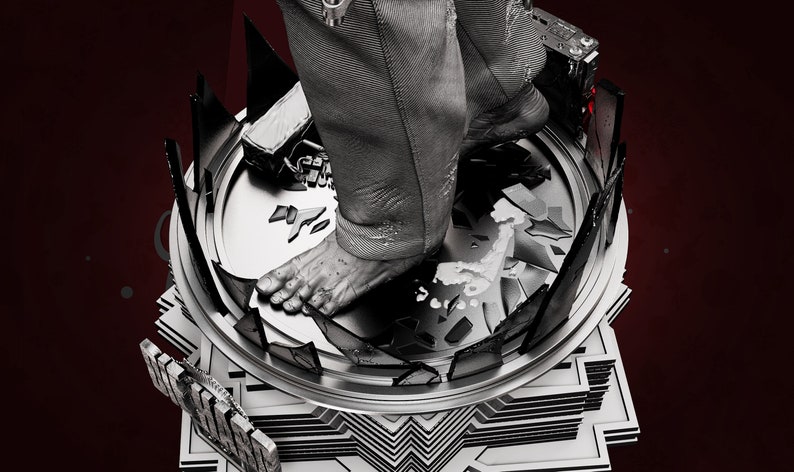 May include: A black and white image of a person's foot stepping on a broken glass platform. The platform is surrounded by a silver metal frame. The background is a dark red.