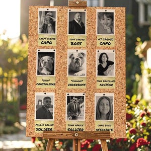 May include: A wooden easel displaying a corkboard with nine Polaroid-style photos. Each photo has a name and title written below it. The titles include "Capo," "Boss," "Advisor," and "Soldier."