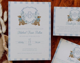 Gingham Crest Baby Shower Invitation - Boy Crest Baby Shower Invitation - Preppy Baby Boy Shower Invitation - Edit Online Baby Shower Invite