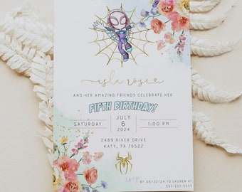 May include: A birthday invitation featuring a Spider-Gwen character illustration, floral accents, and event details. The invitation includes the text "Isla Rosie" and "Fifth Birthday!" with the date, time, and location. The design incorporates a watercolor style with a light color palette.