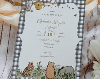 Gingham Winnie the Pooh Baby Shower Invitation - Classic Winnie the Pooh Baby Shower Invite - Vintage Winnie the Pooh Invitation - Winnie