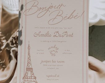 Invitación para baby shower "Bonjour Bebe" - Invitación parisina - Invitación de inspiración francesa - Invitación rosa chic
