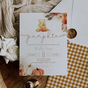 Fall Winnie the Pooh Birthday Invitation - Pumpkin Winnie the Pooh Birthday Invitation - Fall Winnie the Pooh Invite - Editable Pooh Invite
