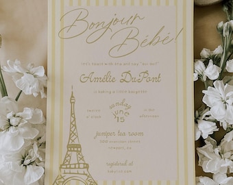 Yellow Parisian Baby Shower Invitation - Bonjour Bebe Baby Shower - Eifel Tower Paris Baby Shower Theme - Yellow Baby Shower Invitation