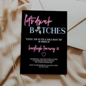 Neon 21st Birthday Invitation - Girls Night Out Invitation - Girly 21st Birthday Invitation - Clubbing 21st Birthday Invite - Bar Hopping image 1