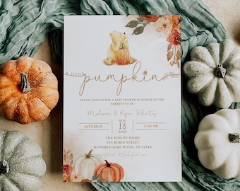 A Little Pumpkin Is On The Way Invitation - Winnie The Pooh Pumpkin Baby Shower Invitation - Pooh Bear Baby Shower Invite - Fall Pooh Baby