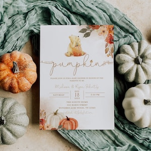 A Little Pumpkin Is On The Way Invitation - Winnie The Pooh Pumpkin Baby Shower Invitation - Pooh Bear Baby Shower Invite - Fall Pooh Baby