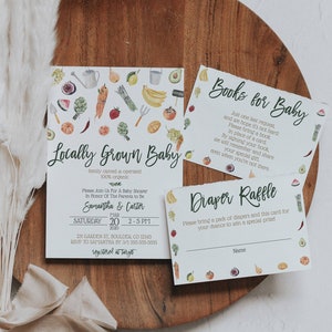 May include: A baby shower invitation with a green and white watercolor design featuring a variety of fruits and vegetables. The invitation reads "Locally Grown Baby" and includes the names Samantha and Carter, the date March 20, 2020, and the time 2-5 PM. The invitation also includes the address 231 Garden St, Boulder, CO 12345 and the RSVP information. There are two additional cards, one for a book raffle and one for a diaper raffle.