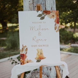 Signo de bienvenida de la ducha del bebé de otoño - Signo de bienvenida de Winnie The Pooh - Signo de bienvenida de Pooh de otoño - Señalización de la ducha del bebé - Signo de bienvenida de la fiesta del oso Pooh