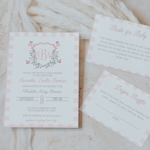 Roze Gingham Baby Shower Uitnodiging - Meisjes Gingham Baby Shower Invite - Butterfly Preppy Baby Shower Invite - Crest Baby Shower Invite
