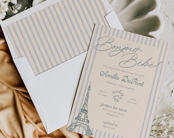 Blue Parisian Baby Shower Invitation - Bonjour Bebe Blue Baby Shower Invitation - Baby Boy French Baby Shower Invitation - Blue Parisian Inv
