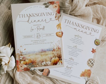 May include: A Thanksgiving dinner invitation featuring a watercolour illustration of pumpkins and autumn foliage. The invitation is for Thursday, 23rd November at 6 PM. The address is 400 Pumpkin Pie Street, Fairfax, VA 10345. Please RSVP to Lia by 20th November at 555-555-4500.