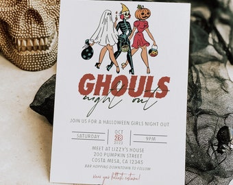 Invitación de Halloween retro editable - Invitación de Halloween de la noche de chicas - Invitación de fiesta de Halloween vintage - Invitación de salida nocturna de Ghouls