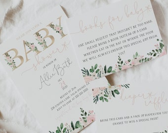 Może przedstawiać: Różowe i złote zaproszenie na baby shower z kwiatowymi akcentami. Zaproszenie brzmi: "Proszę dołączyć do nas na baby shower z okazji narodzin Allie Beth, 24 października 2020, początek o 14:00, 24 Juniper Lane, Palm Springs, CA, RSVP do Jane pod numer 533-333-3333". Oddzielna karta brzmi: "Książki dla dziecka, Mała prośba, która nie powinna być zbyt trudna. Proszę przynieść książkę zamiast kartki, niezależnie od tego, czy będzie to Kotek w Kapeluszu czy Kubuś Puchatek, zawsze będziemy wdzięczni za ten wyjątkowy prezent od Ciebie!"