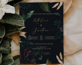 Dark and Moody Wedding Invitation - Black and Burgundy Wedding Invitation - Black Roses and Gold Wedding Invitation - Black Wedding Invite