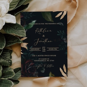 Dunkle und Stimmungsvolle Hochzeitseinladung - Schwarz und Burgund Hochzeitseinladung - Schwarze Rosen und Gold Hochzeitseinladung - Schwarze Hochzeitseinladung