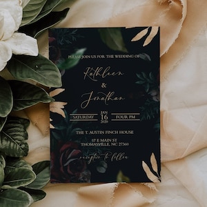 Dark and Moody Wedding Invitation - Black and Burgundy Wedding Invitation - Black Roses and Gold Wedding Invitation - Black Wedding Invite