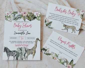 May include: A set of three baby shower invitations with a jungle theme. The invitations feature a zebra, elephant, and giraffe, along with pink flowers and green leaves. The text on the invitations reads "Please join us for a Baby Shower in honor of Samantha Leon, Saturday, March 20, Two-Five PM, 781 Safari Street, Los Angeles, CA, RSVP to Maddy at 555-555-5555".