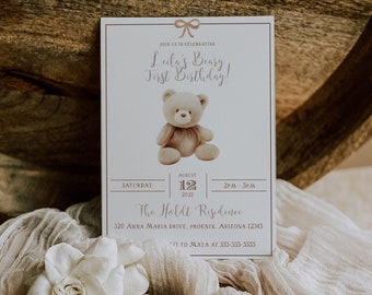 Invitación de cumpleaños temática de oso - Invitación de oso - Primer cumpleaños de Beary - Invitación de oso de peluche - Fiesta de cumpleaños de oso de peluche - Oso bebé