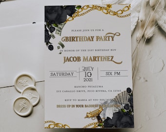 Narco Birthday Invitation - Mens Narco Invitation - Gangster Birthday Invitation - Narco Theme - Gangster Theme - Black and Gold Theme