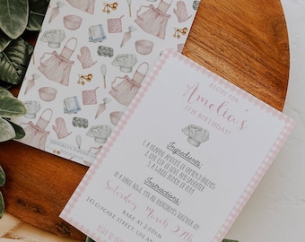 May include: Pink and white checkered invitation with the text "Recipe for Amelia's 5th Birthday!" and a list of ingredients and instructions for a birthday party. The invitation includes the date and time of the party, Saturday, March 27th at 2:00 PM, and the address, 143 Cupcake Street, Los Angeles, CA 12345. The RSVP information is also included, "RSVP to Nelly at 555-555-5555".