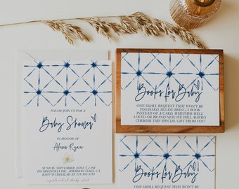 May include: A blue and white baby shower invitation with a geometric pattern. The invitation includes the text "Please join us for a Baby Shower" and "In honor of Alexis Ryen". The invitation also includes the date, time, and location of the shower. The invitation is decorated with a small white flower.