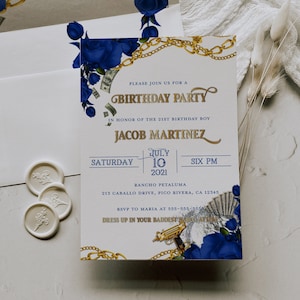 Mens Gangster Birthday Invitation - Narco Birthday Invitation - Blue and Gold Invitation - Gangster Theme - Narco Theme Invitation for Men