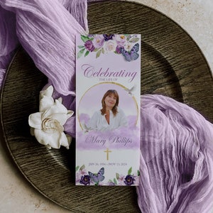 Purple Funeral Program - Obituary Pamphlet - Butterfly Funeral Program - TriFold Funeral Brochure - Celebration of Life Pamphlet - Funeral