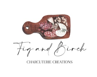 May include: A watercolor illustration of a wooden cutting board with a charcuterie arrangement. The board is filled with cheese, grapes, salami, nuts, and rosemary. The text "Fig and Birch Charcuterie Creations" is below the image.