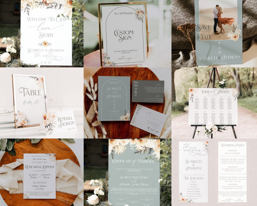 Dusty Blue and Sage Green Wedding Invitation Bundle Boho Sage Green