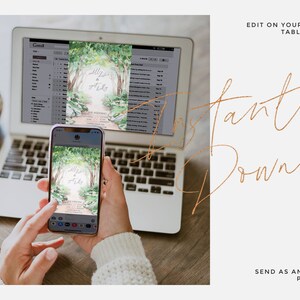 May include: A person is using a smartphone to edit a wedding invitation. The invitation features a watercolor illustration of a path through a forest with the text "Welcome to our fairy tale". The text "Instant Download" is written in a cursive font on a white background. The text "Edit on your smartphone, tablet or desktop" is written in black text on a white background. The text "Send as an evite or as a printed invite!" is written in black text on a white background.