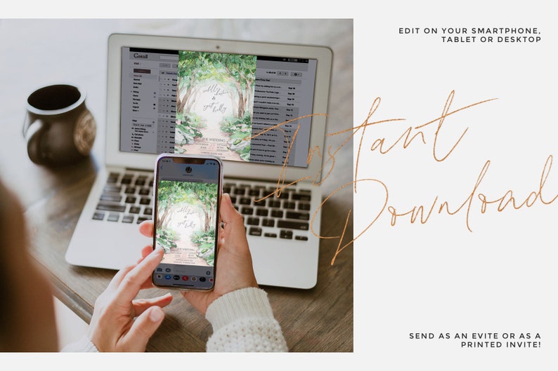 May include: A person is using a smartphone to edit a wedding invitation. The invitation features a watercolor illustration of a path through a forest with the text "Welcome to our fairy tale". The text "Instant Download" is written in a cursive font on a white background. The text "Edit on your smartphone, tablet or desktop" is written in black text on a white background. The text "Send as an evite or as a printed invite!" is written in black text on a white background.
