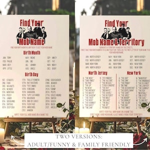 May include: Two framed posters with text, "Find Your Mob Name" and "Find Your Mob Name & Territory." The posters offer a fun way to generate a mobster name based on birth month, day, and the first letter of your last name.