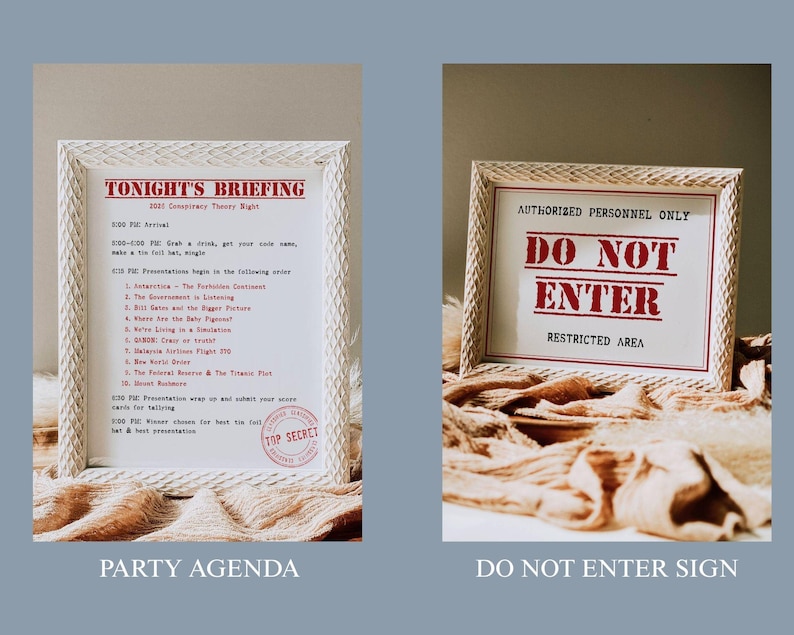 May include: Two framed signs with white woven-style frames. One reads "TONIGHT'S BRIEFING" with a list of topics. The other says "AUTHORIZED PERSONNEL ONLY DO NOT ENTER RESTRICTED AREA" in red text. Both are on a beige fabric.
