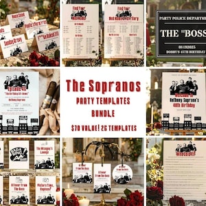 Könnte beinhalten: Eine Sammlung von Partyvorlagen mit Bildern aus „Die Sopranos“. Die Vorlagen umfassen Menükarten, ein „Find Your Mob Name“-Spiel, ein „The Boss“-Schild und Einladungen zum Geburtstag. Das Bundle wird als Wert von 70 $ mit 26 Vorlagen beworben.