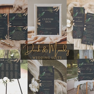 Könnte beinhalten: Dunkle und stimmungsvolle Hochzeitssuite mit druckbaren Vorlagen mit goldenen Akzenten und floralen Designs. Die Suite umfasst ein Willkommenszeichen, einen Sitzplan, die Hochzeitsgesellschaft, die Zeremonie und ein Menü.
