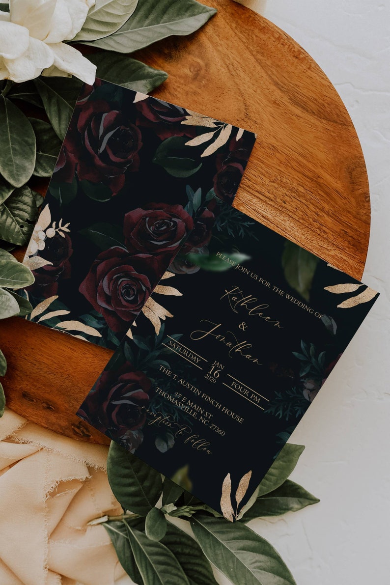 Dark and Moody Wedding Invitation Black and Burgundy Wedding Invitation Black Roses and Gold Wedding Invitation Black Wedding Invite image 2