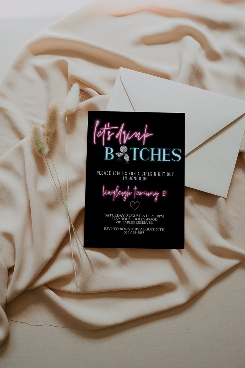 Neon 21st Birthday Invitation - Girls Night Out Invitation - Girly 21st Birthday Invitation - Clubbing 21st Birthday Invite - Bar Hopping image 1