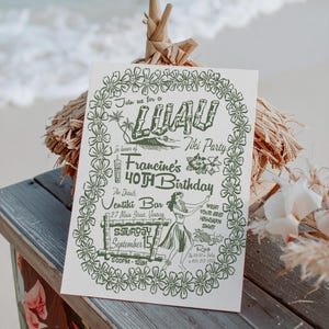 May include: A white invitation with green text for a Luau Tiki Party, featuring floral and palm tree illustrations. The invitation is for Francine's 40th birthday, with details including the date, time, and location.